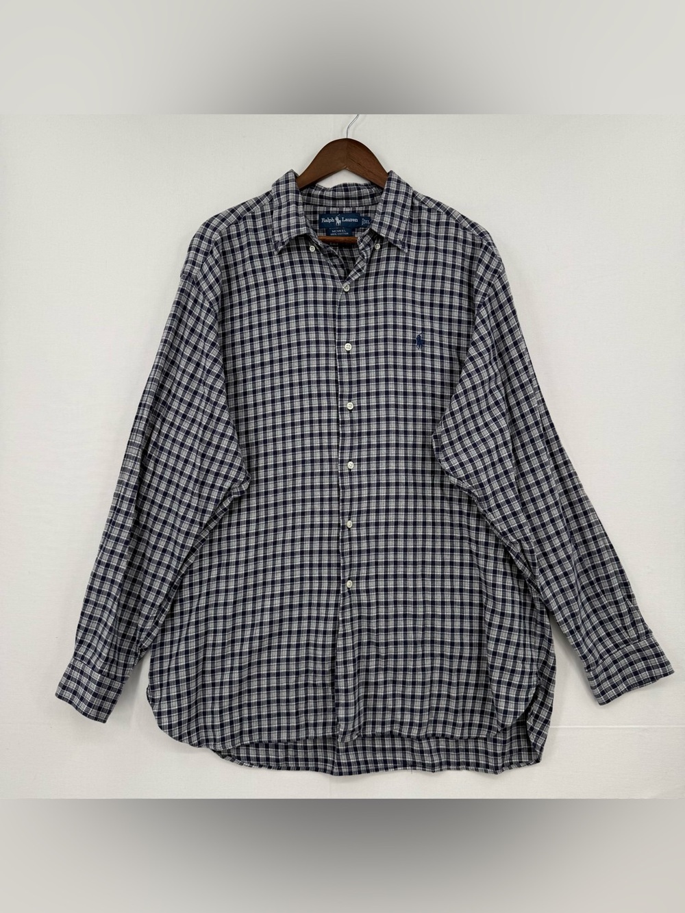 Ralph Lauren Mens XL Flannel Shirt Navy Gray Plaid Long Sleeve Button Front